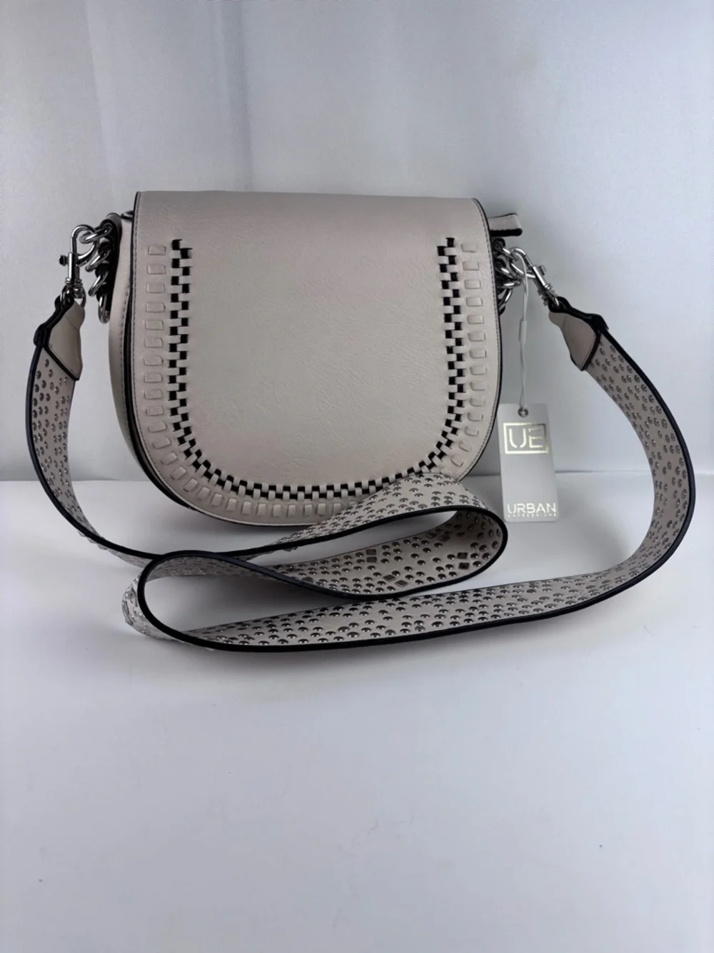 Urban Expressions Vegan Leather Saddle Bag - Studded Crossbody Strap Cream/Ivory - Picture 1 of 12